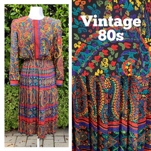 Vintage 80s Dress Pleated Skirt Paisley Floral Lady Diana JewelTones Fall Winter